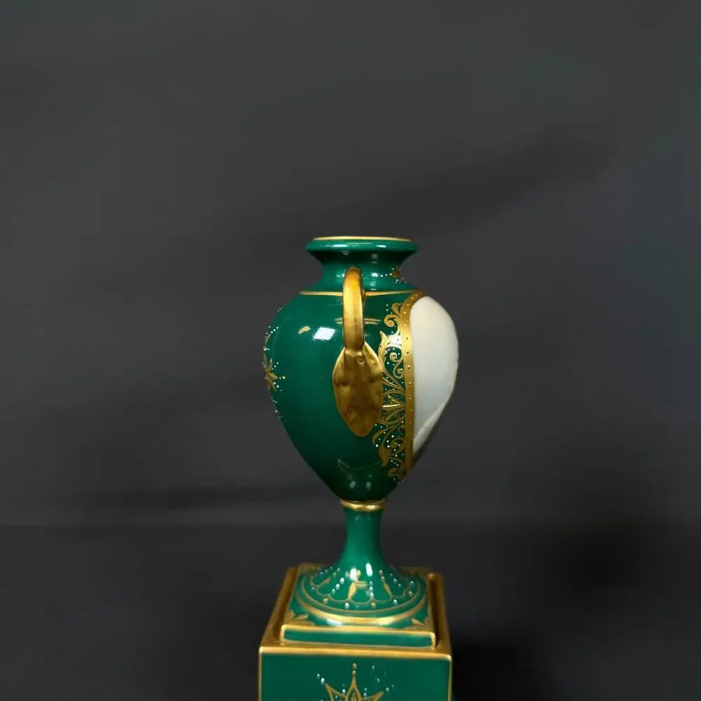 Antique Royal Vienna Portrait Urn Vase Hand Painted Lady Green/Gold signed RUTH